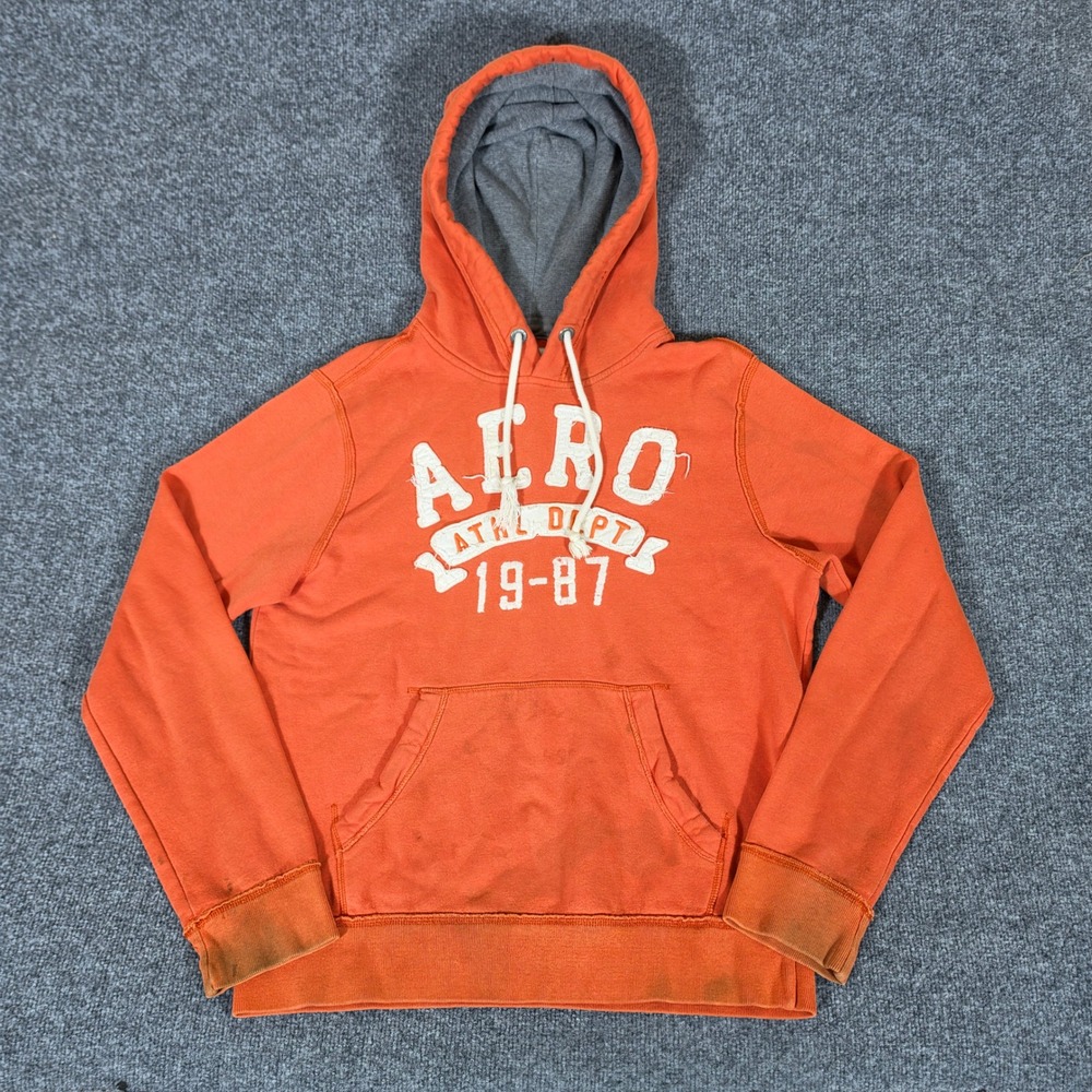 Y2K 2000s Aeropostale Mens Size M Orange Graphic Pullover Hoodie Distressed
